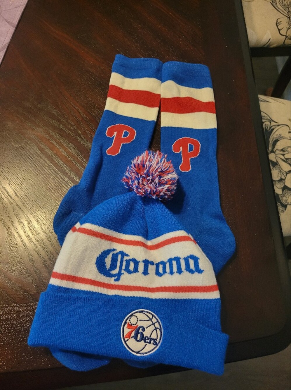 Philadelphia 76ers Blue Beanie and Philadelphia Phillies Socks